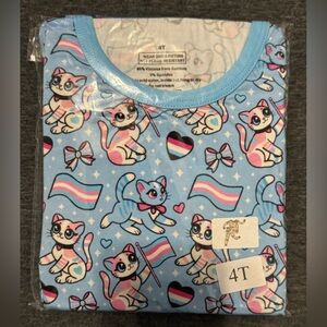 Kids Bamboo Pajama Set Cute Cat Print Long Sleeve Shirt and Pants in Light Blue